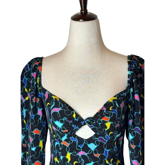 Staud Black Multicolor Print Long Sleeve Sweetheart Neck Josephine Top 6 - Picture 4 of 13